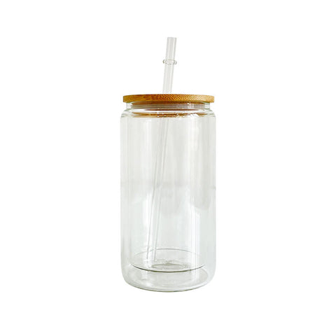 Transparent Glass Cups with Bamboo Lids and Glass Straw, 4pcs 16oz Can Shaped Glass Cups, Beer Glasses, Iced Coffee Glasses, Cute Tumbler Cup, Ideal