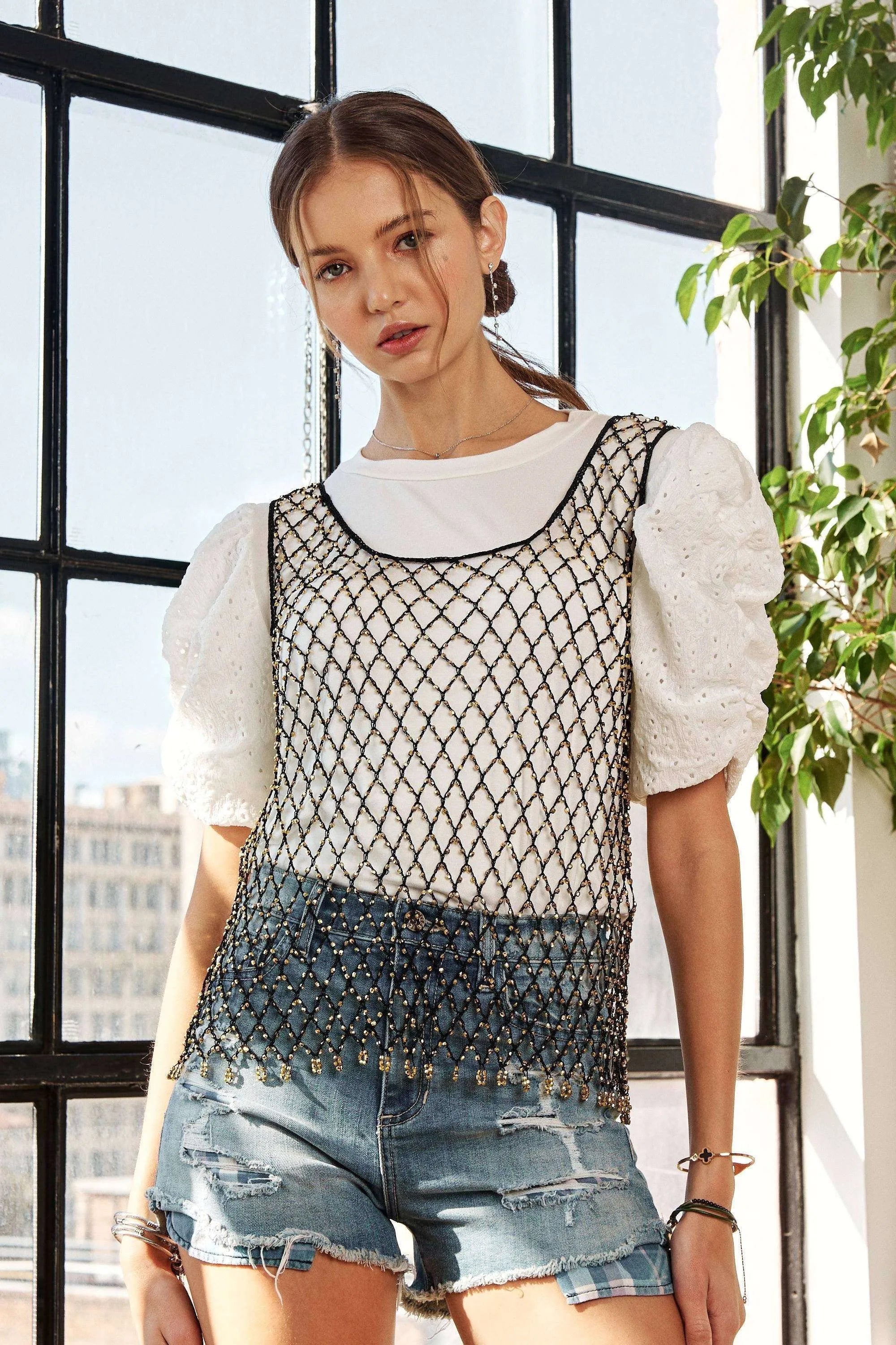 ADORA Beads Accent Fishnet Tank Top