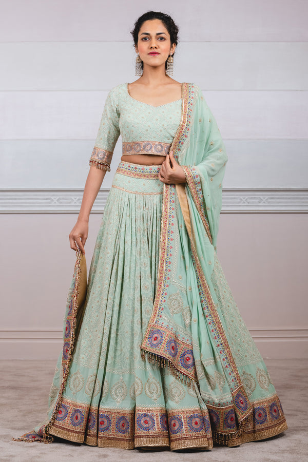 Powder Blue half pure georgette light Chikankari and mukaish lehenga s