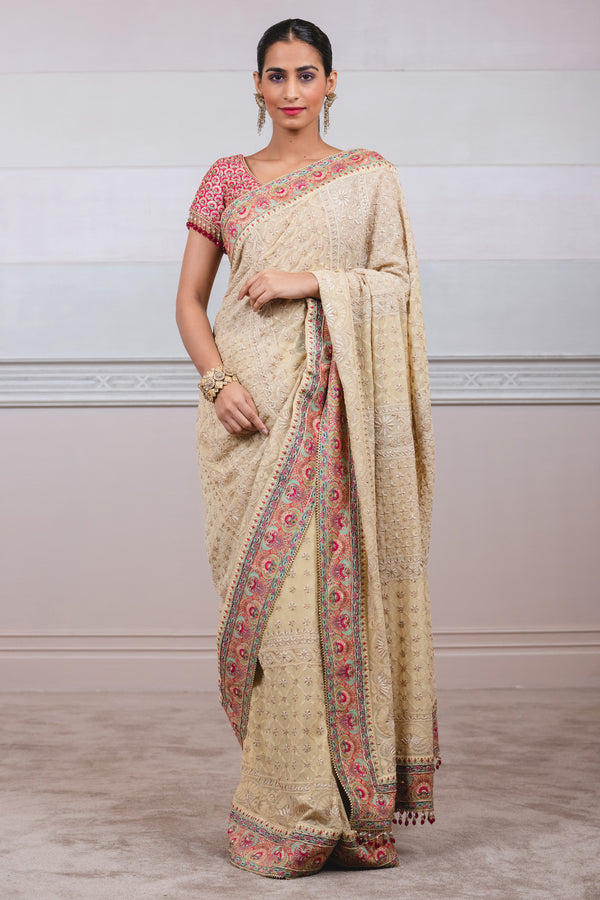 Buy Beige Saree Chiffon Embroidery Sequin And Beads Floral Chikankari For  Women by Iktaar by Meena Online at Aza Fashions.