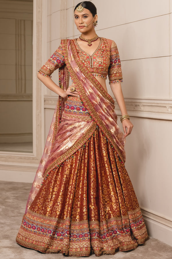 Mustard Brocade Jaal Lehenga with Gujrati Border ,Blouse & Organza Dup –  Debyani