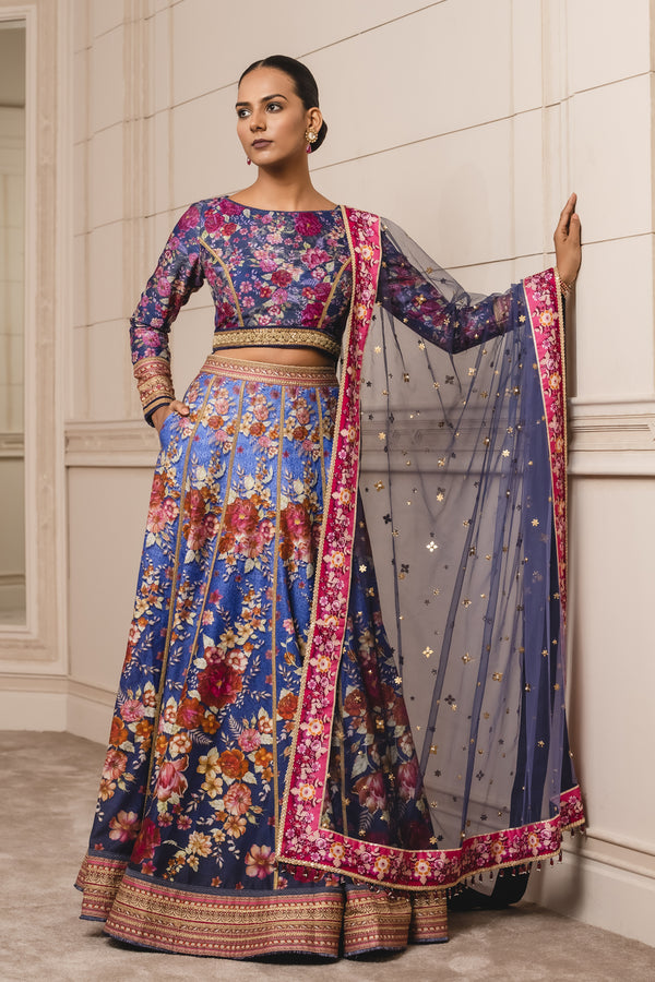 Blue Crochet Embellished Digital Printed Lehenga Choli – Apparel Designer