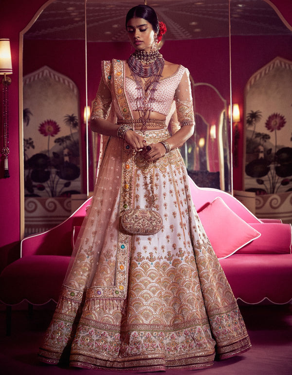 Tarun Tahiliani Zari Chanderi Lehenga Set | Women, Lehengas, Bridal Lehengas,  Fusion Lehengas, Gold, Striped, Blouse : Geo… | Gold lehenga, Gold blouse,  Aza fashion