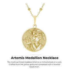 Artemis Coin crafted from 14K Yellow Gold on a Chain with dotted faceted beads to complete the necklace. Available from Jewels of St Leon online jewellery store Australia.