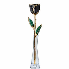 Lacquered Black Rose with 24K Gold-Plated Trim with Glass Vase.