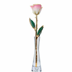 Lacquered Cream Pink Rose with Gold Trim with Clear Glass Vase.