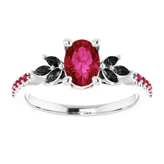 Ruby and Black Diamond Engagement Ring in 14K white Gold. Available from Jewels of St Leon Bridal Jewellery Collection
