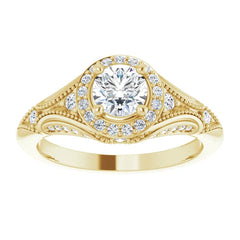 Vintage Halo-Style Engagement Ring with Diamond accents and graded diamond centre, set in 14K yellow gold. Available from Jewels of St Leon Engagement Rings Australia