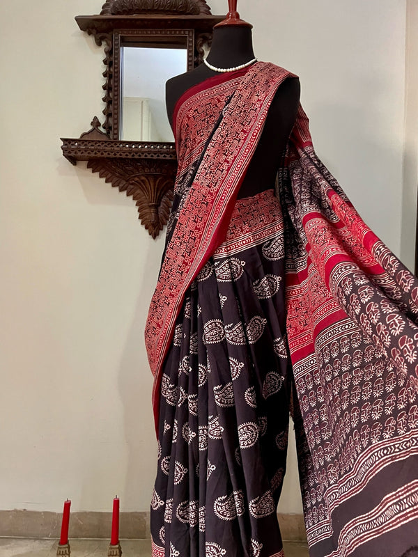 Ajrak Printed Georgette Brasso Saree in Red : SKGA1556