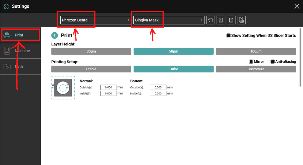 How to select resin inside Phrozen DS Slicer.