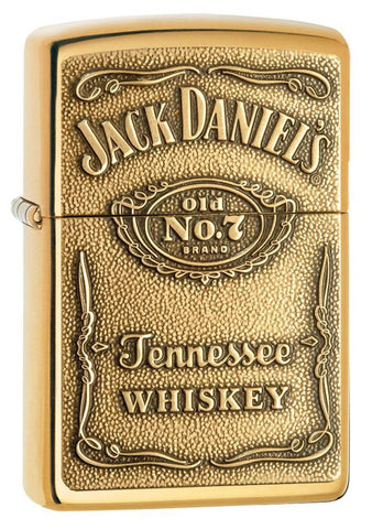 Front shot of Jack Daniel's Brass Windproof Lighter standing at a 3/4 angle