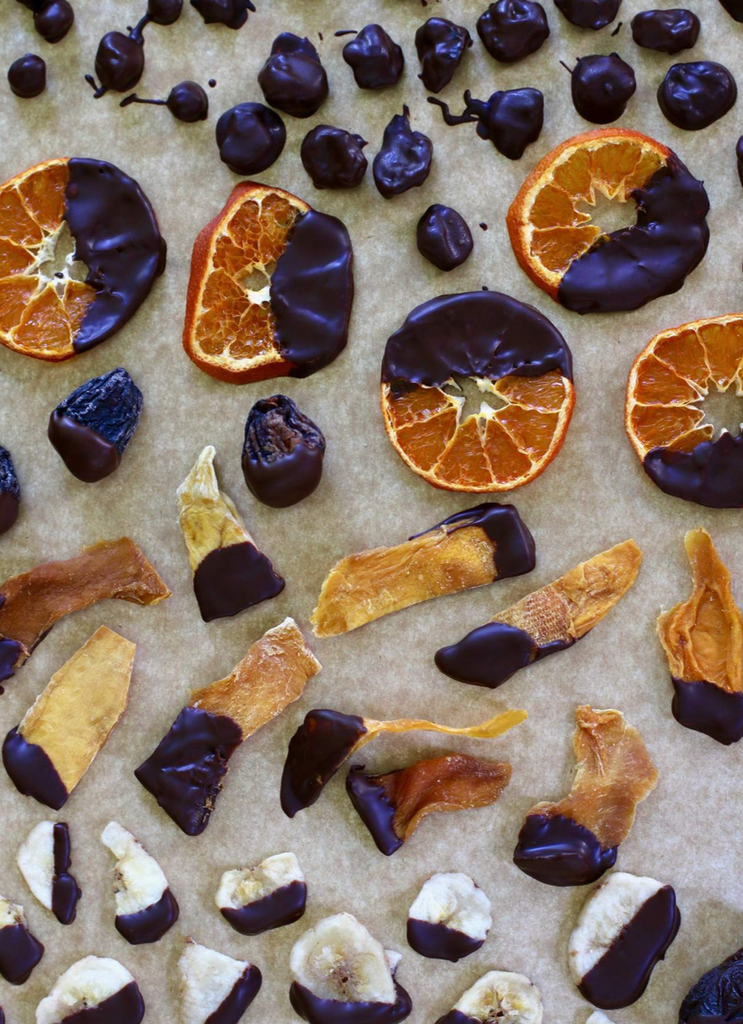 Dehydrated fruit dipped in chocolate