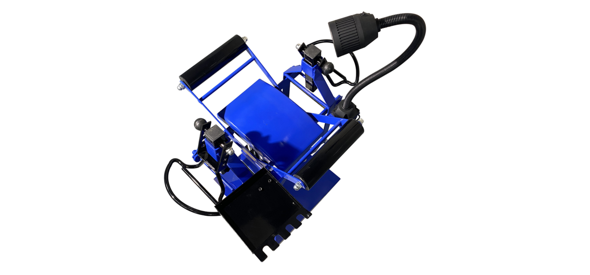 Blue and black tire vulcanizer machine with heating plates, hydraulic press mechanism, flexible hose connections, and adjustable clamps for professional tire repair and patch vulcanization in automotive service shops.