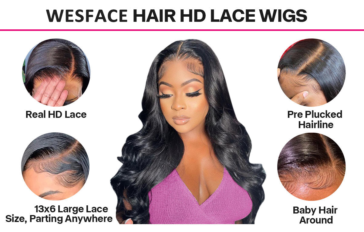 Wesface Loose Body 13x6 HD Lace Front Wig Natural Black Human Hair Wig
