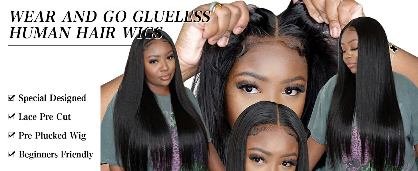 Wesface Layered Cut Straight Pre-Cut Lace Glueless Wig Human Hair Wig For Women 180% Density