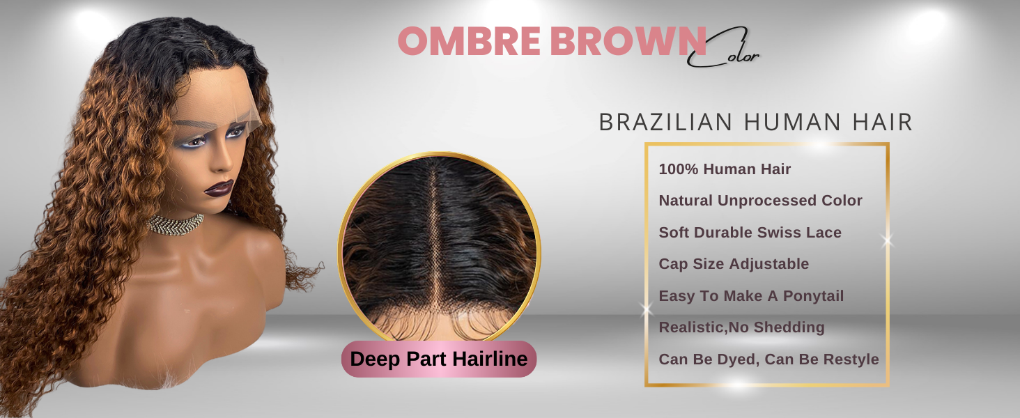 Ombre Brown Brazilian Human Hair, 4x4 /13x4 Curly Lace Wig, Pre plucked Baby Hair Wigs for Black Women