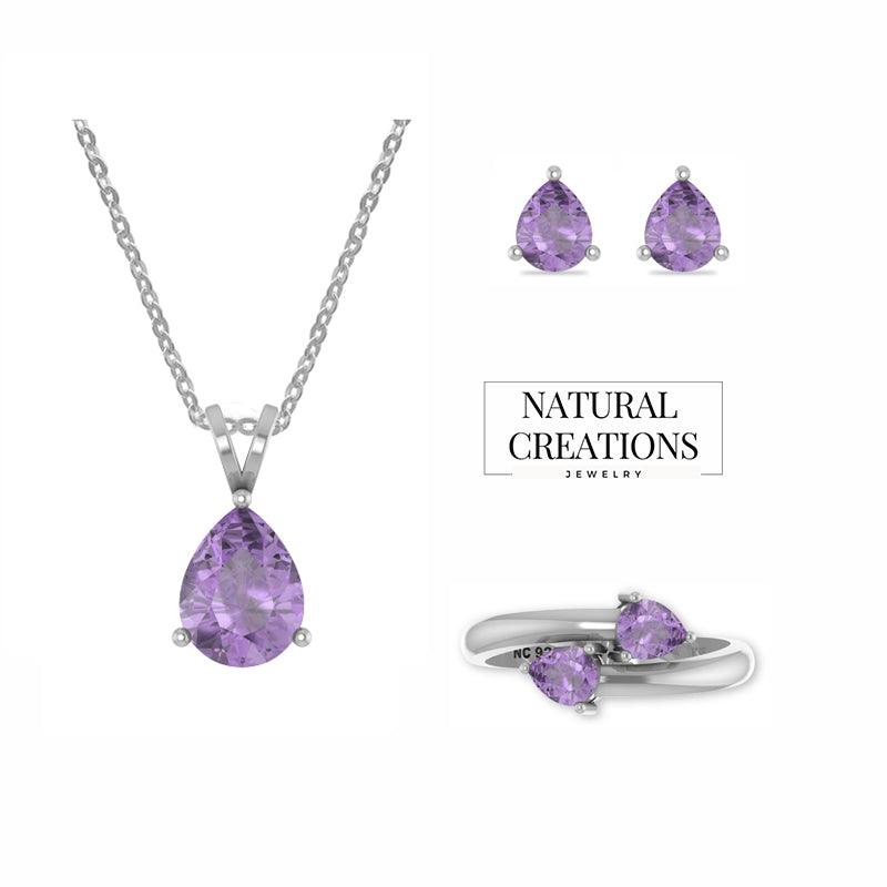 Gift For Her | Amethyst  Jewelry Set Necklace Ring Studs | Amethyst Ring Earring Chain Necklace | Cut Amethyst Silver Jewelry  ( Assorted Shape )