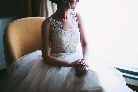 bride with square neckline wedding dress