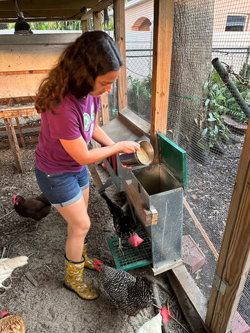 Florida urban homesteader wearing waterproof boots with fun chicken pattern.