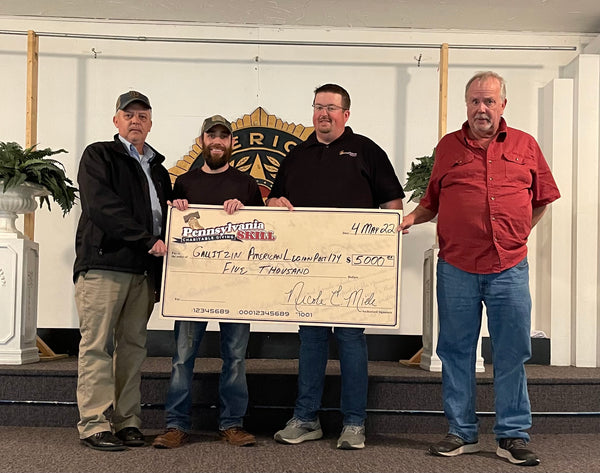 The Gallitzin American Legion received a $5,000 donation from Pennsylvania Skill Charitable Giving. The donation will be used to help offset the cost to restore and repair the facility’s Oriental Ballroom floor. The ballroom remains one of the original ballrooms in the area and is used to cater community events such as fundraisers, blood drives, youth sport organizations, military funerals, and weddings for Cambria and Blair counties. Over the years, with constant wear and tear the floor needed repairs and otherwise would be closed. Pictured is Scott Kochara, American Legion Commander, left; Shawn McMahon, Legion Member; Lynn Wheland, of Miele Manufacturing; and Bruce Myers, Legion Memeber.