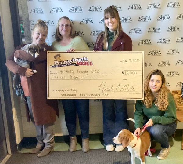The Lycoming County SPCA received a $3,000 donation from Pennsylvania Skill Charitable Giving with an additional $10,000 donation in honor of Ken Manley from Bison.