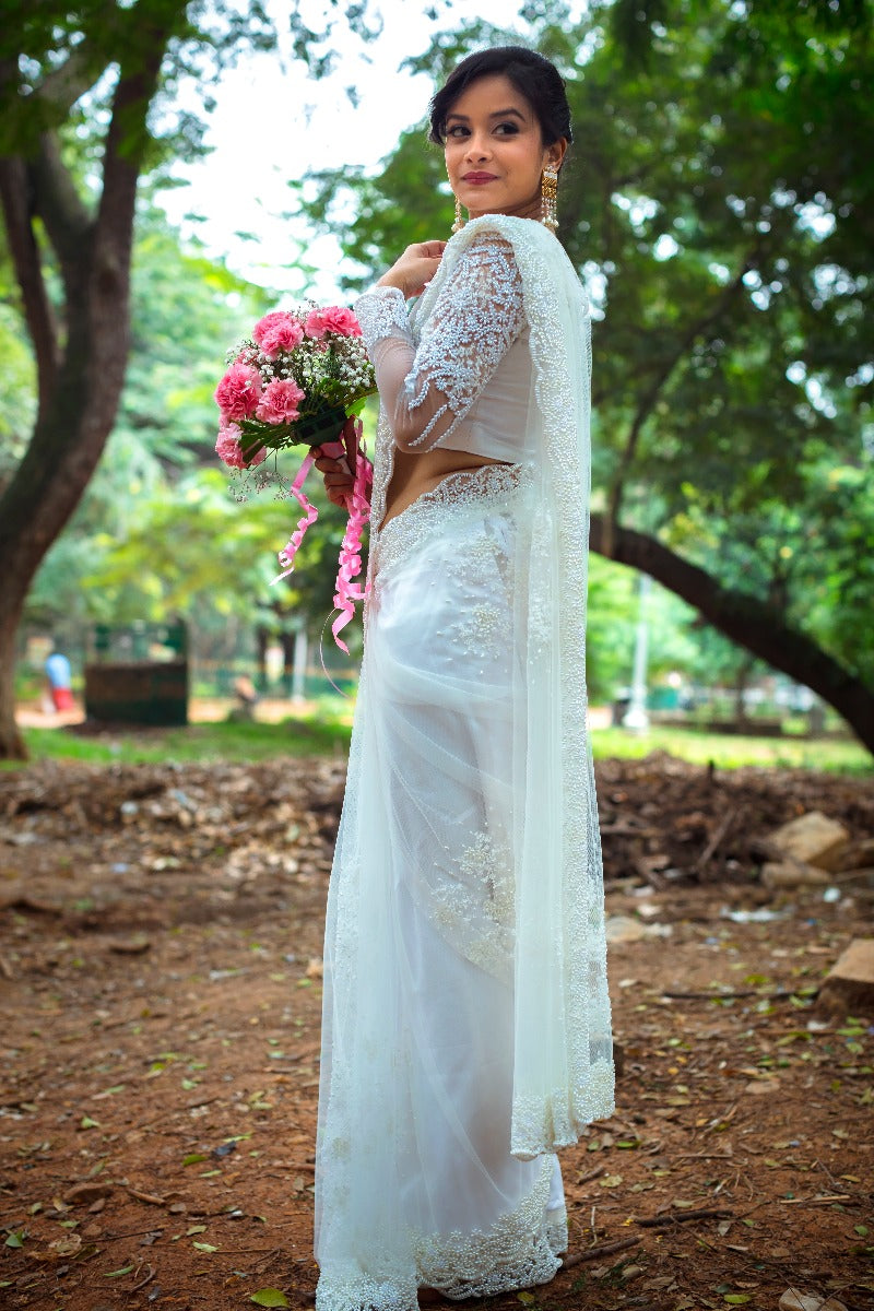 Signature Christian Bridal net saree with with floral ...