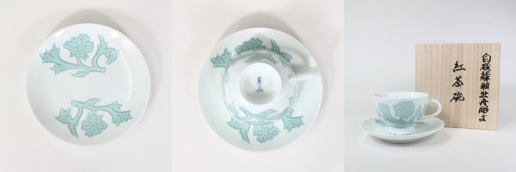 White porcelain green glaze peony carving tea bowl, Manji Inoue, Manji Inoue kiln, Manji INOUE, Living National Treasure, Arita ware, white porcelain