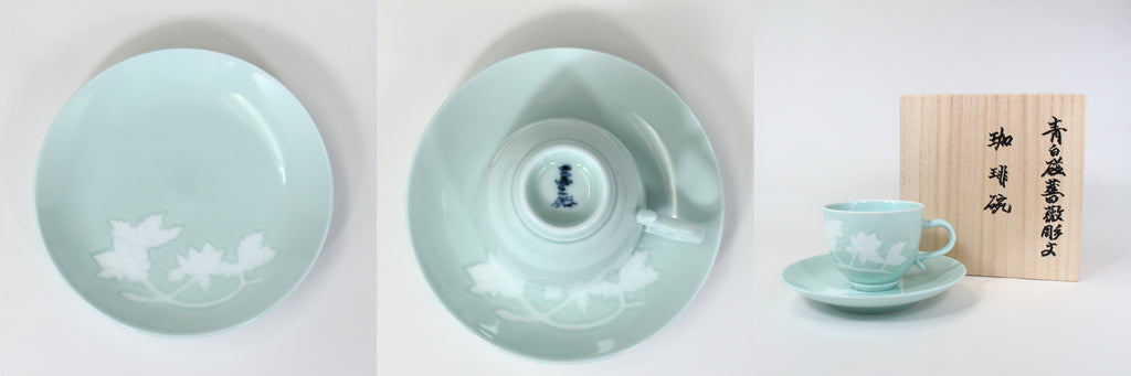 Blue and white porcelain rose carving coffee bowl, Manji Inoue, Manji Inoue kiln, Manji INOUE, living national treasure, Arita ware, white porcelain