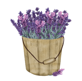 An image of purple flowers inside a wooden basket.