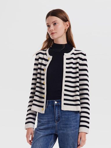 Button Up Woolen Striped Lady Cardigan