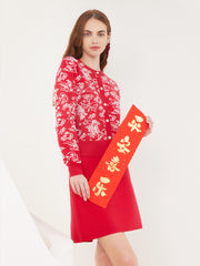 Red Floral Jacquard Suit Cardigan&Skirt GOELIA