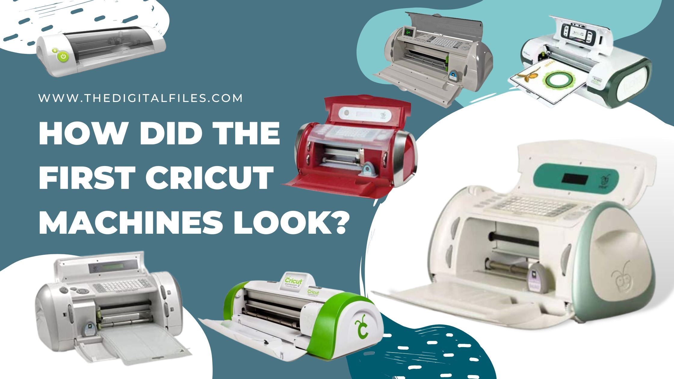 How did the first Cricut Machine Look and when was it released? A group photo showcasing various discontinued Cricut cutting machines. The machines include the 2003 Cricut Create, 2005 Cricut Personal, 2010 Cricut Expression, 2010 Cricut Cake Machine, 2010 Cricut Imagine, 2011 Cricut Expression 2, 2012 Cricut Mini, and 2012 Cricut Explore One. Each machine features a unique design and color scheme. They are arranged together, representing the evolution of Cricut cutting machines over time. The machines are no longer in production but have contributed to the history and development of Cricut technology.