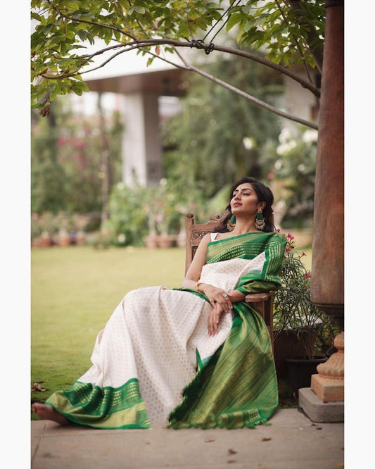 Offwhite & Green Banarasi Silk Weaving And Borderless Saree - BEST SAREE