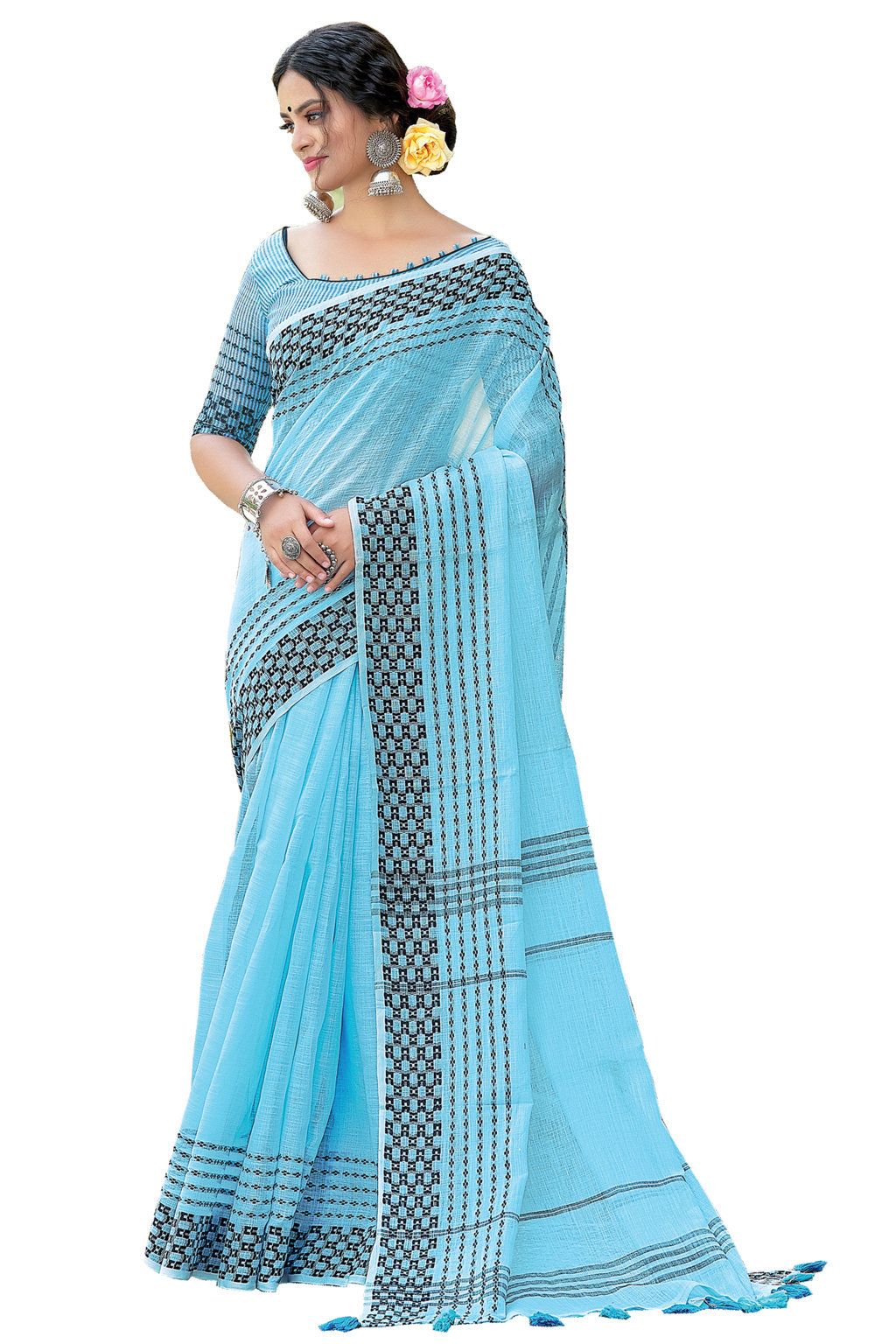 Woven Linen Saree In Sky Blue - BEST SAREE