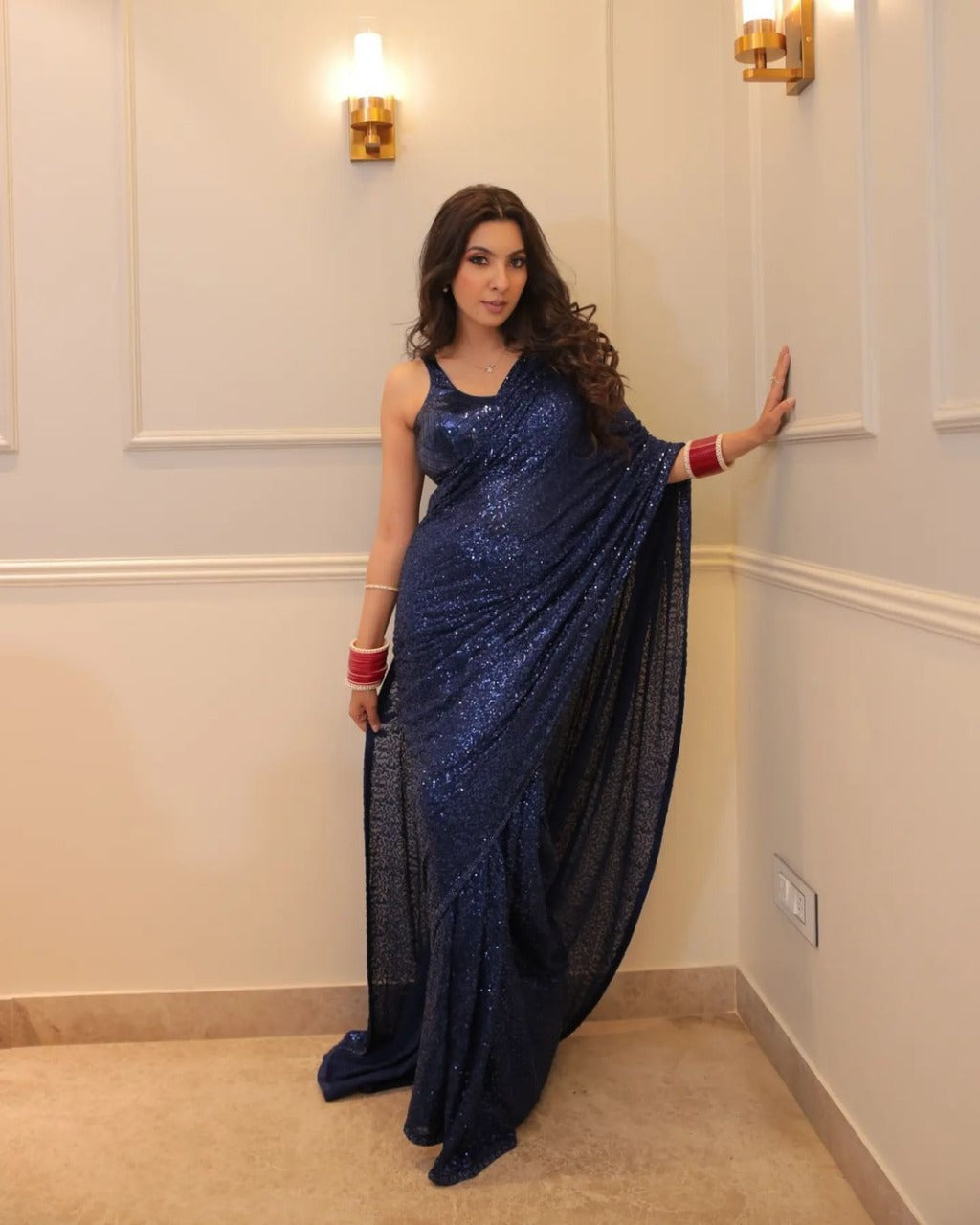 Navy Blue Color Georgette Saree Whit Sequence Work With Unstitched Blouse Bollywood partywear - BEST SAREE