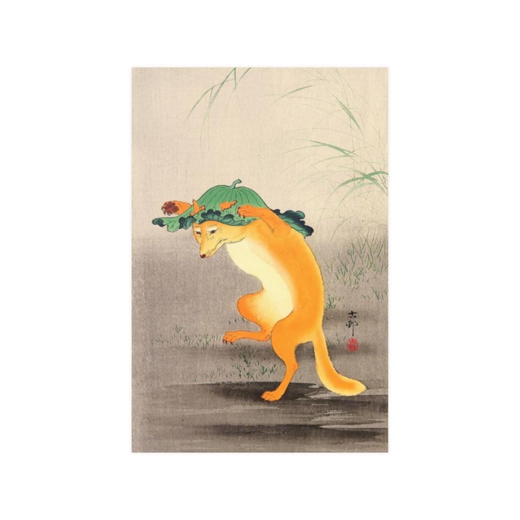 Dancing Fox With Lotus Leaf Hat By Ohara Koson Print Poster