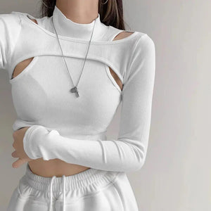 Hollow-Out Knitted Cropped Long Sleeve Women's Shirt - jenell_harbin