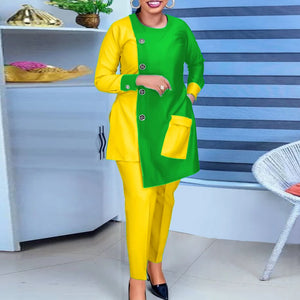 Asymmetrical Oversized Button Design Colorblock Patchwork Long Sleeve Blouse + Solid Pants 2-Piece Set to 5X Plus Size - jenell_harbin