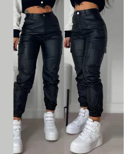 Faux Leather Multi-Pocket Cuffed Solid Color High Waist Women's Button-Fly Skinny Trouser Cargo Pants