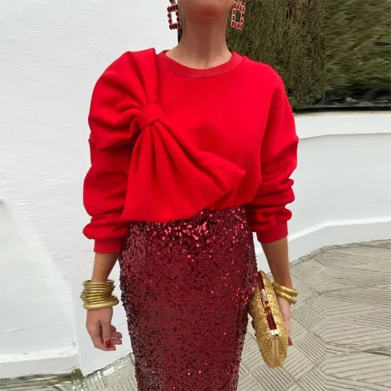 Oversized Big Bow Design Pullover O-Neck Solid Color Long Sleeve Women's Sweatshirt