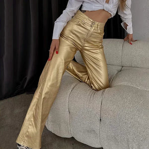 Metallic Faux Leather High Waist Solid Color Straight Leg Women's Pants - jenell_harbin