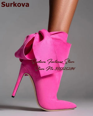 Suede Butterfly Knot Stiletto Pointed Toe Bowtie Lace-Up Ankle Boots - jenell_harbin