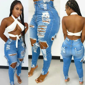 Denim Ripped Hole Pattern High Waist Women's Streetwear Jeans - jenell_harbin