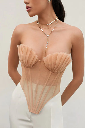 Strapless Sheer Mesh Mermaid Sea Shell Design Backless Lace-Up Cropped Bustier Women's Corset Top - jenell_harbin