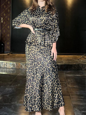 Leopard Turn-Down Collar Long Sleeve Blouse w/ Sash Belt + Flared Ruffled Maxi Skirt 2-Piece Set - jenell_harbin