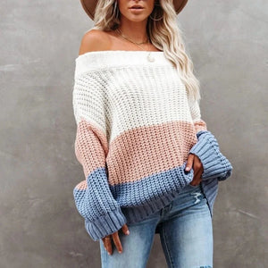 Colorblock Knitted Off-the-Shoulder Long Sleeve Women's Sweater - jenell_harbin