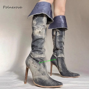 Retro Grey Denim Knee High Pointed Toe Thin High Heel Zipper Boots - jenell_harbin