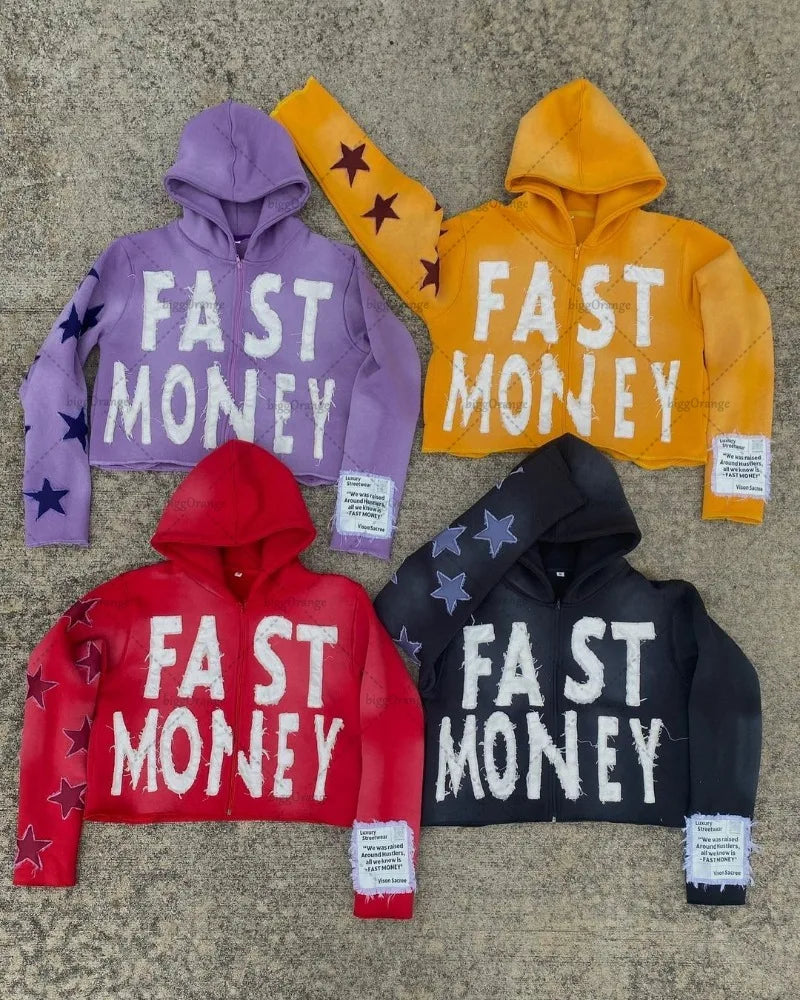 Embroidered "FAST MONEY" Men's Retro Casual Loose Oversized Hip Hop Zipper Hoodie Sweatshirt