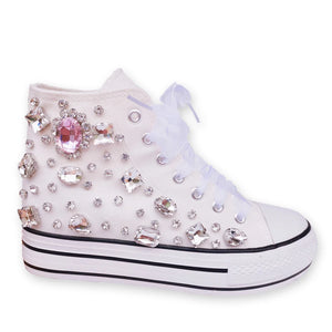 Crystal Handmade Rhinestone Diamond High Top Women's Canvas  Designer Platform Sneakers - jenell_harbin