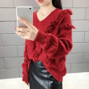 Furry Tassel Fringe Detail Knitted Women's Long Sleeve V-Neck Pullover Sweater - jenell_harbin